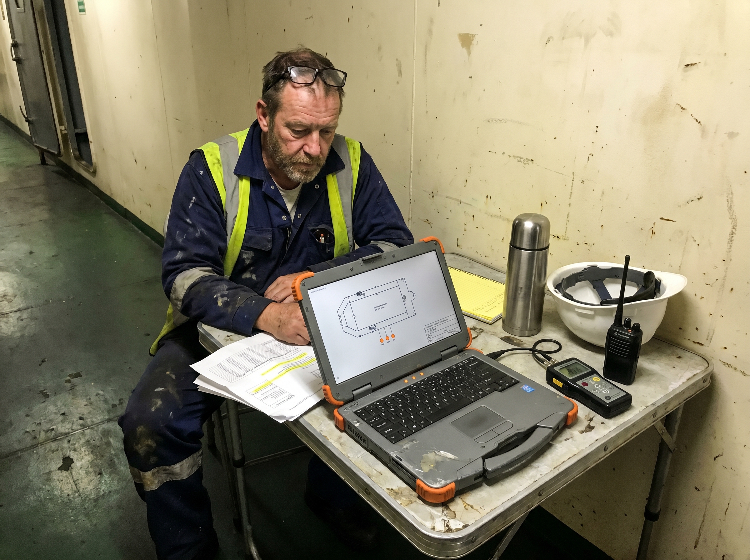 An older marine surveyor in a navy coverall with hi-vis stripe and reading glasses pushed up, sitting at a battered folding table in a ship corridor, reviewing data on a ruggedized laptop that displays a simple tank-zone diagram with three orange markers, alongside folded survey printouts, a UTM gauge, a thermos, a hard hat resting on its crown, and a two-way radio.